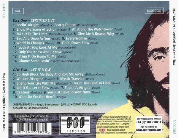 Image of Back Cover of 2xCD - VG+/VG+ - DAVE MASON, Certified Live / Let It Flow (BGO Records; BGOCD982, UK 2011, Card Slipcase with Jewel Case inside), ,  - 2516502C