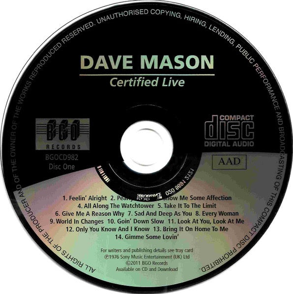 Image of Label Cover of 2xCD - VG+/VG+ - DAVE MASON, Certified Live / Let It Flow (BGO Records; BGOCD982, UK 2011, Card Slipcase with Jewel Case inside), ,  - 2516502C