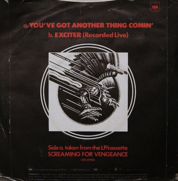 Image of Back Cover of 7" - G/VG+ - JUDAS PRIEST, You've Got Another Thing Comin' / Exciter (Live Version) (CBS ; CBS A2611, UK 1982, A Label Demo, Picture Sleeve), Sleeve Creased With Water Damage On Rear,  - 2526281E