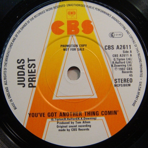 Image of Label Cover of 7" - G/VG+ - JUDAS PRIEST, You've Got Another Thing Comin' / Exciter (Live Version) (CBS ; CBS A2611, UK 1982, A Label Demo, Picture Sleeve), Sleeve Creased With Water Damage On Rear,  - 2526281E