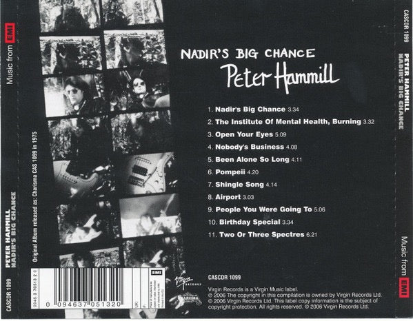 Image of Back Cover of CD - VG+/VG+ - PETER HAMMILL, Nadir's Big Chance (Virgin; 00946 370513 2 0, UK 2006 Reissue, Jewel Case), ,  - 2516507C