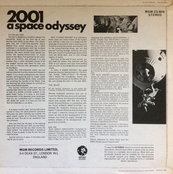 Image of Back Cover of LP - VG/VG - VARIOUS, 2001: A Space Odyssey (Music From The Motion Picture Sound Track) (MGM Blue and Gold; MGM CS 8078, UK 1968, 2g/2g matrix), Edge creasing/laminate bubbling. ,  - 2526441E