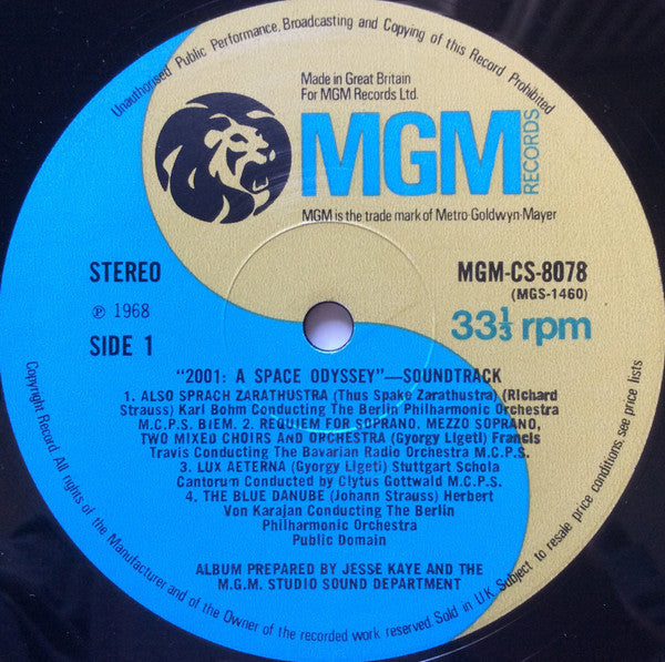 Image of Label Cover of LP - VG/VG - VARIOUS, 2001: A Space Odyssey (Music From The Motion Picture Sound Track) (MGM Blue and Gold; MGM CS 8078, UK 1968, 2g/2g matrix), Edge creasing/laminate bubbling. ,  - 2526441E