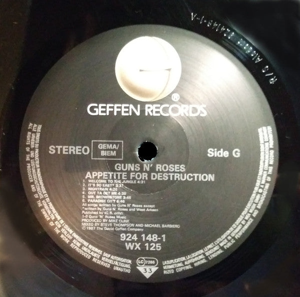 Image of Label Cover of LP - VG/VG - GUNS N' ROSES, Appetite For Destruction (Geffen Records; 924 148-1, Europe 1987, Withdrawn Sleeve, No inner, Hybrid Alsdorf/DMM pressing), In opened shrink, with stickered sleeve.,  - 2526445E