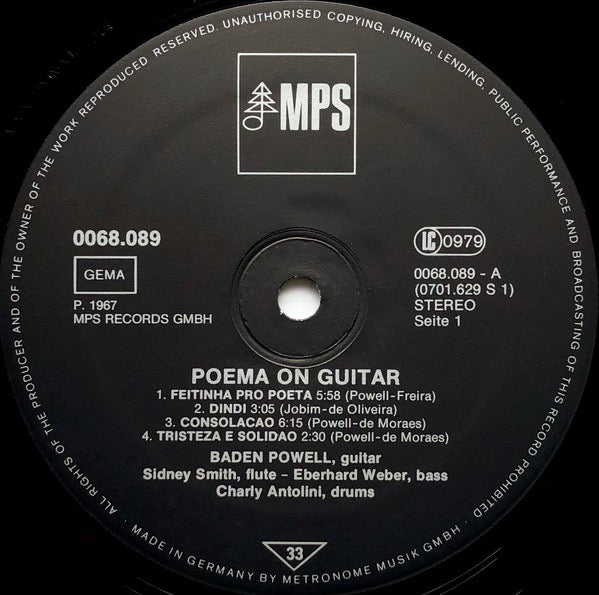 Image of Label Cover of LP - VG+/VG - BADEN POWELL, Poema On Guitar (MPS Records; 68.089, Germany 1977, Glossy Gatefold Sleeve), Strong VG to disc.,  - 2616017C