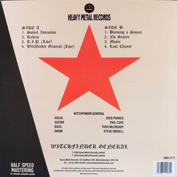 Image of Back Cover of LP - NEW/NEW - WITCHFINDER GENERAL, Soviet Invasion (Heavy Metal Records; 5016681101702, Europe 2026 Reissue, Maroon Vinyl), , Heavy Metal Records presents a special edition of Soviet Invasion by Witchfinder General, available on maroon vinyl, compiling all the band s singles from their first two-album era in a format never previously released. Formed in 1979 in Stourbridge by Zeeb Parkes and Phil Cope, the band emerged from the New Wave of British Heavy Metal with a raw, doom-driven 