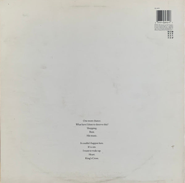 Image of Back Cover of LP - VG/VG - PET SHOP BOYS, Actually (EMI-Manhattan Records; ELJ-46972, US 1987, Inner), Light hairlines. Discolouration of sleeve. ,  - 2626003E