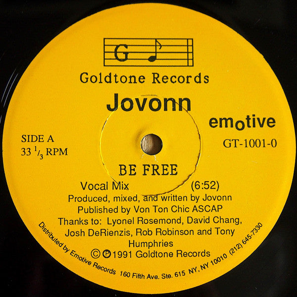 Image of Front Cover of 12" - /VG+ - JOVONN, Be Free (Goldtone Records ; GT-1001-0, US 1991), ,  - 2646034S