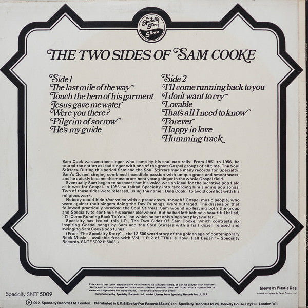 Image of Back Cover of LP - VG/VG - SAM COOKE, The Two Sides Of Sam Cooke (Specialty; SNTF 5009, UK 1972, Picture Sleeve), ,  - 2626033E