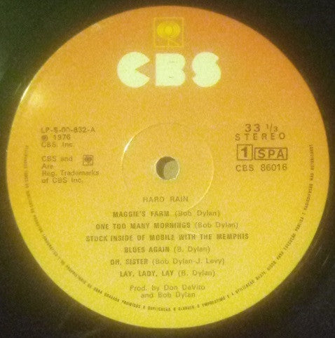 Image of Label Cover of LP - VG/VG - BOB DYLAN, Hard Rain (CBS; CBS 86016, Portugal 1976, NO Inner, 180 Gram Vinyl), Strong VG - a few light marks, light cover wear,  - 2646006S