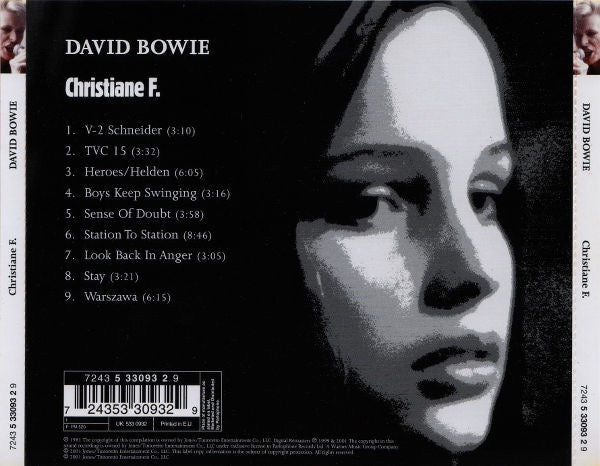 Image of Back Cover of CD - VG+/VG+ - DAVID BOWIE, Christiane F. Wir Kinder Vom Bahnhof Zoo (Parlophone; 7243 5 33093 2 9, Europe , Jewel Case), ,  - 2616008C