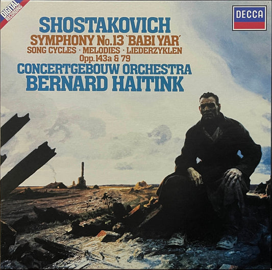 Image of Front Cover of 2xLP - VG+/VG+ - BERNARD HAITINK, CONCERTGEBOUW ORCHESTRA, Shostakovich: Symphony No. 13 Op 113 "Babi Yar" / Song Cycles   Melodies   Liederzyklen Opp.143a & 79 (Decca; 414 410-1, Europe 1986, Box Set, Booklet), ,  - 2526602E