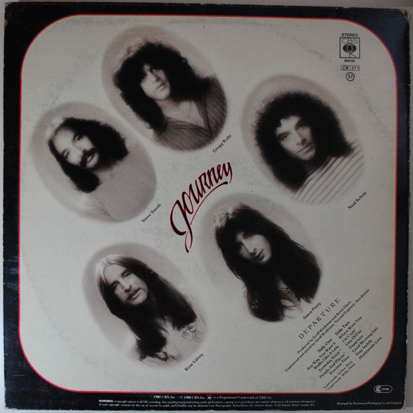 Image of Back Cover of LP - VG/VG+ - JOURNEY, Departure (CBS; S CBS 84101, UK 1980, Insert, UK original with custom labels), Gold promo stamp on rear.,  - 2626016E