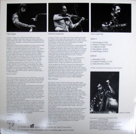 Image of Back Cover of LP - VG+/VG - ASTOR PIAZZOLLA Y SU QUINTETO TANGO NUEVO, Live In Wien Vol. 1 (Messidor; 115916, Germany 1984, Inner), Light Marks only.,  - 2616034C