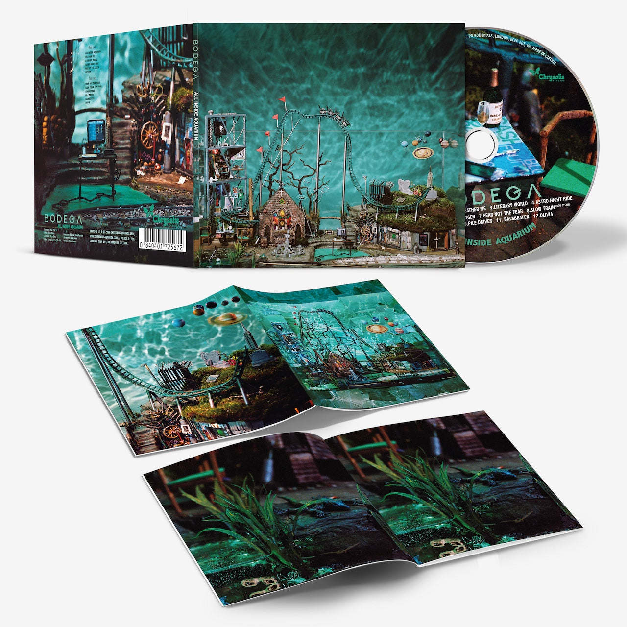Image of Front Cover of CD - NEW/NEW - BODEGA, All Inside Aquarium (Chrysalis; BRC562, Europe 2026), , BODEGA’s upcoming brand-new album ‘All Inside Aquarium’ sees the band expanding far beyond their minimalist post-punk origins towards soaring anthemic rock, sans the ‘indie’. The group’s goal was, “Let’s go back to melodic tunes, let’s be more of a proper rock band,” Hozie explains. Sonically, the band aimed for “this late ’80’s / early 90’s Stone Roses-meets-Janes Addiction thing, with more riffing and gu