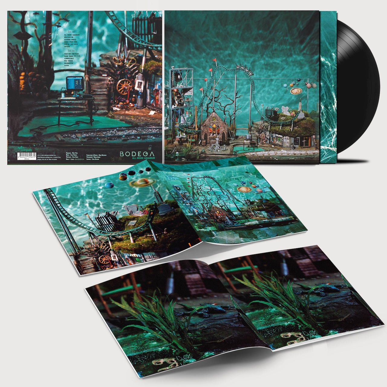 Image of Front Cover of LP - NEW/NEW - BODEGA, All Inside Aquarium (Chrysalis; BRV562, Europe 2026, Black Vinyl), , BODEGA’s upcoming brand-new album ‘All Inside Aquarium’ sees the band expanding far beyond their minimalist post-punk origins towards soaring anthemic rock, sans the ‘indie’. The group’s goal was, “Let’s go back to melodic tunes, let’s be more of a proper rock band,” Hozie explains. Sonically, the band aimed for “this late ’80’s / early 90’s Stone Roses-meets-Janes Addiction thing, with more r