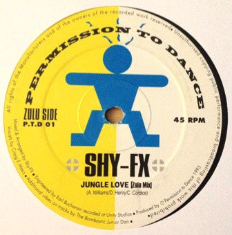 Image of Back Cover of 12" - /VG - SHY FX, Jungle Love (Permission To Dance; PTD01, UK 1993, Plain Sleeve), Light Marks only. Minor warp that DNAP. WOL.,  - 2626043E