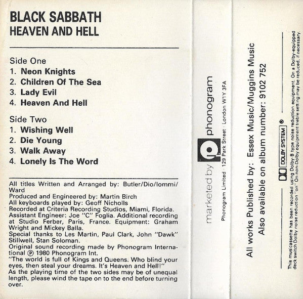 Image of Back Cover of Cassette - VG+/VG+ - BLACK SABBATH, Heaven And Hell (Vertigo; 7231 402, UK 1980), ,  - 2636041E