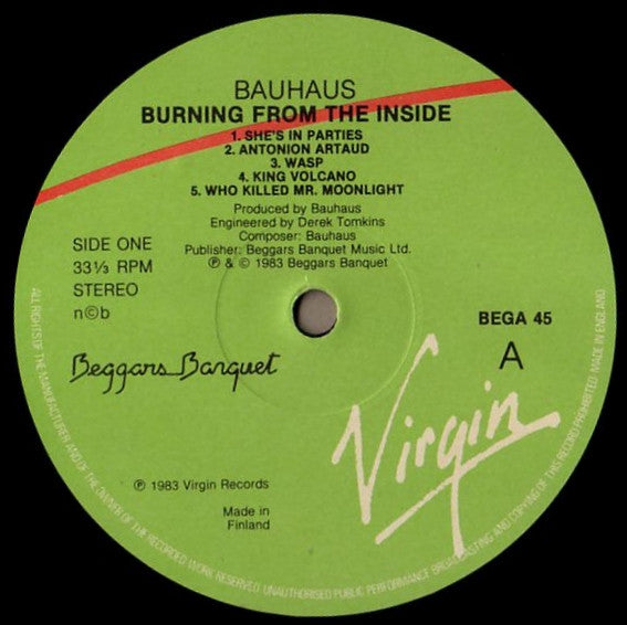Image of Label Cover of LP - VG/VG - BAUHAUS, Burning From The Inside (Beggars Banquet; BEGA 45, Finland 1983, Inner), Ring wear, edges a bit creased.,  - 2616077C