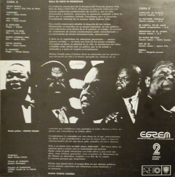 Image of Back Cover of LP - VG/VG - BOLA DE NIEVE, In Memoriam 2 (Areito; LD-3978, Cuba ), ,  - 2616093C