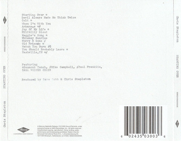 Image of Back Cover of CD - VG+/VG+ - CHRIS STAPLETON, Starting Over (Mercury Nashville; 00602435030036, Europe 2020, Jewel Case), ,  - 2536310E