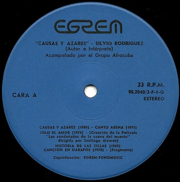 Image of Label Cover of 2xLP - G+/VG - SILVIO RODR GUEZ, Causas Y Azares (Fonomusic; 90.2040/3-F-1-G, Cuba 1986, Gatefold), Tear to sleeve opening. Disc has some storage marks but is otherwise clean!,  - 2616144C