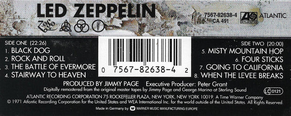 Image of Back Cover of Cassette - VG+/VG+ - LED ZEPPELIN, Untitled (Atlantic; 7567-82638-4, Europe ), ,  - 2636059E