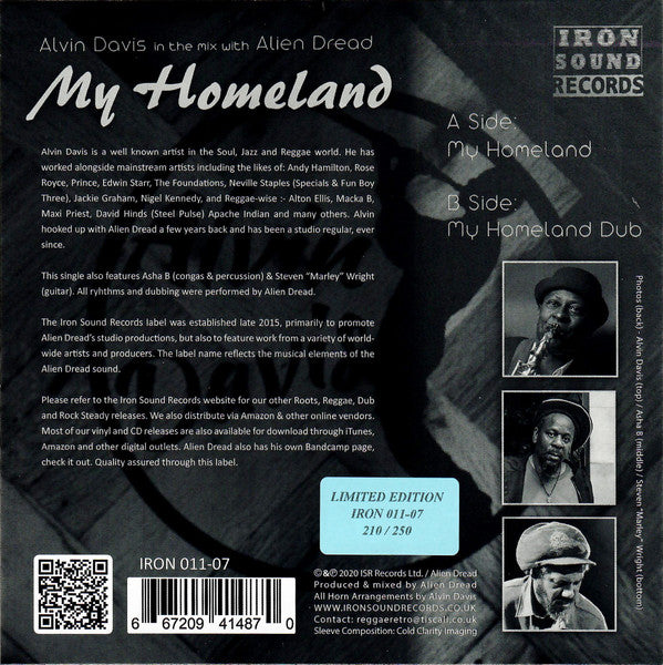 Image of Back Cover of 7" - EX/EX - ALVIN DAVIS, My Homeland (Iron Sound; IRON 011-07, UK 2020, Picure Sleeve), ,  - 2626073E
