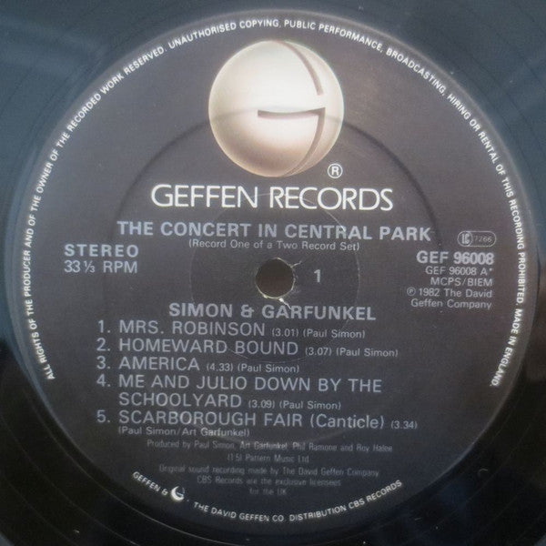 Image of Label Cover of 2xLP - VG+/VG+ - SIMON AND GARFUNKEL, The Concert In Central Park (Geffen Records Black Label; GEF 96008, UK 1990, Gatefold, Booklet), ,  - 2626095E