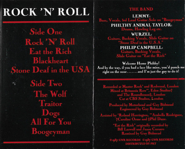 Image of Back Cover of Cassette - VG+/VG+ - MOT RHEAD, Rock 'N' Roll (GWR Records; GWTC 14, UK 1987), ,  - 2636065E