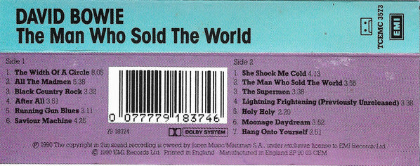 Image of Back Cover of Cassette - VG+/VG+ - DAVID BOWIE, The Man Who Sold The World (EMI; TCEMC 3573, UK 1990), ,  - 2636066E
