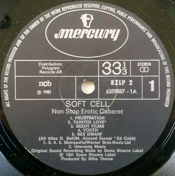 Image of Label Cover of LP - VG/VG - SOFT CELL, Non-Stop Erotic Cabaret (Mercury; BZLP 2, Sweden 1981), ,  - 2616134C
