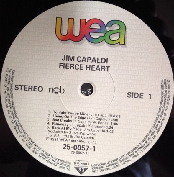 Image of Label Cover of LP - VG/VG+ - JIM CAPALDI, Fierce Heart (WEA; 25-0057-1, Scandinavia 1983, Inner), ,  - 2616106C