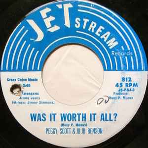 Image of Back Cover of 7" - /VG+ - THE JAMES YOUNG BLUES BAND / PEGGY SCOTT & JO JO BENSON, Funky Booty / Was It Worth It All? (Jetstream Records; 812, US ), Lightest of hairlines.,  - 2626081E