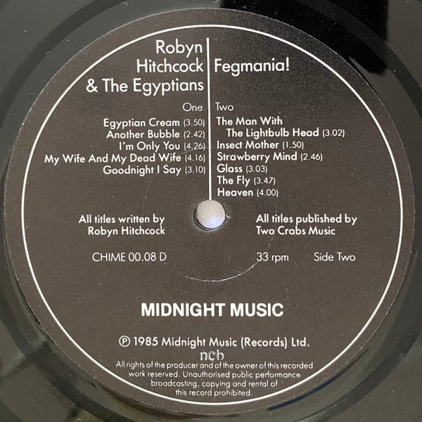 Image of Label Cover of LP - VG/G+ - ROBYN HITCHCOCK & THE EGYPTIANS, Fegmania! (Midnight Music; CHIME 00.08 D, Scandinavia 1985, Inner), Surface marks, Small patch of sticker damage to front of sleeve,  - 2616107C