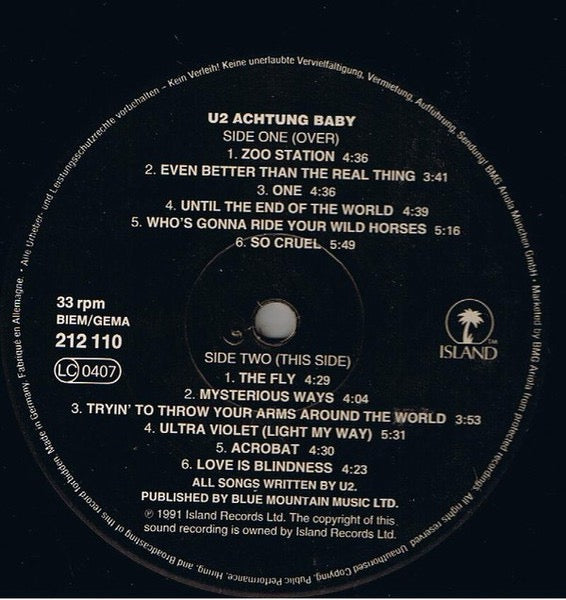 Image of Label Cover of LP - VG/VG - U2, Achtung Baby (Island Records; 212 110, Europe 1991, Uncensored Sleeve, Inner & Insert, Sonopress Pressing), Sleeve has two large corner creases.,  - 2616164C