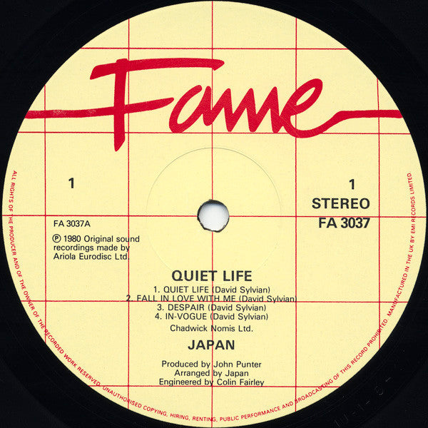 Image of Label Cover of LP - VG/VG - JAPAN, Quiet Life (Fame Red (UNAUTHORISED COPYING...) Rim Text; FA 3037, UK 1982 Reissue, Single Sleeve), ,  - 2616160C