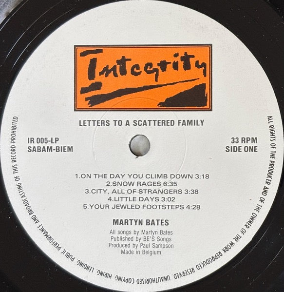 Image of Label Cover of LP - VG+/VG - MARTYN BATES, Letters To A Scattered Family (Integrity; 005, Belgium 1990, Insert, Eyeless In Gaza), Strong VG,  - 2616119C
