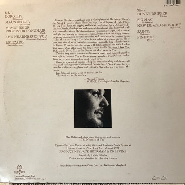 Image of Back Cover of LP - VG+/VG+ - DR. JOHN, Dr. John Plays Mac Rebennack (Demon Records; FIEND 1, UK ), ,  - 2626131E