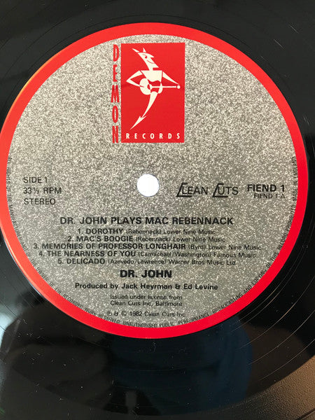 Image of Label Cover of LP - VG+/VG+ - DR. JOHN, Dr. John Plays Mac Rebennack (Demon Records; FIEND 1, UK ), ,  - 2626131E