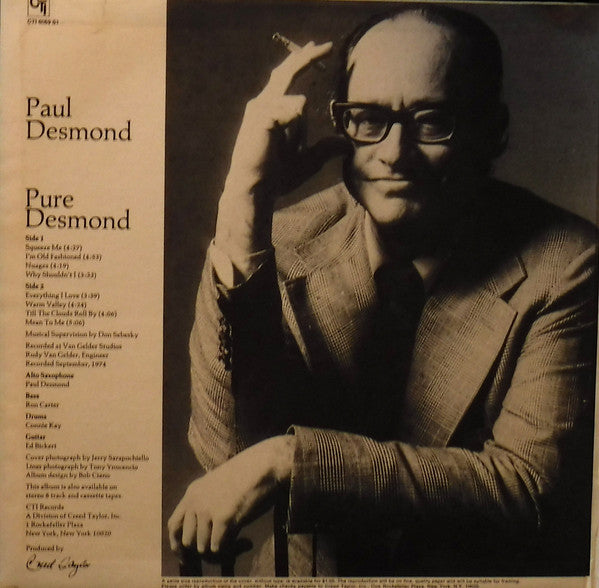Image of Back Cover of LP - G+/VG - PAUL DESMOND, Pure Desmond (CTI Records; CTI 6059 S1, US 1975, Gatefold, Company Inner), ,  - 2626063E