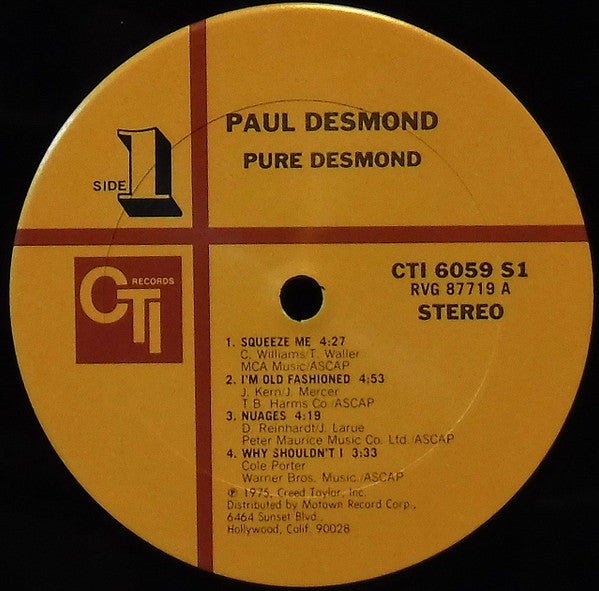 Image of Label Cover of LP - G+/VG - PAUL DESMOND, Pure Desmond (CTI Records; CTI 6059 S1, US 1975, Gatefold, Company Inner), ,  - 2626063E