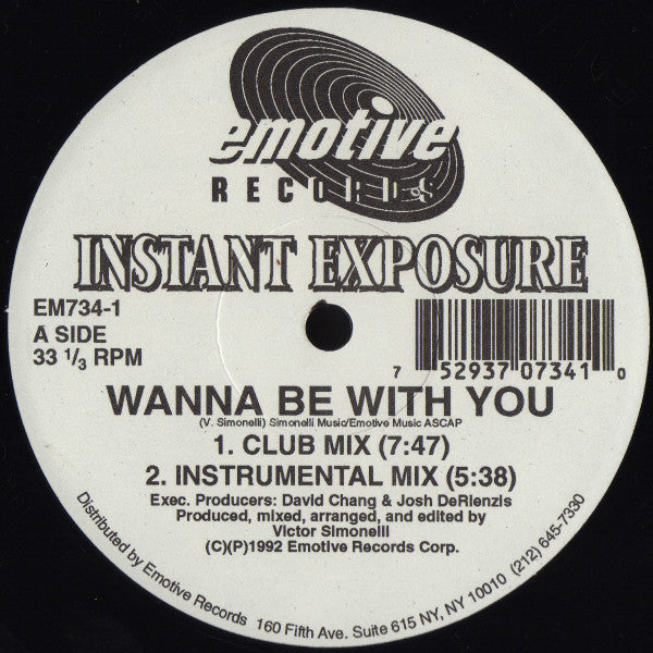 Image of Front Cover of 12" - VG/VG+ - INSTANT EXPOSURE, Wanna Be With You / I Need A Little More (Emotive Records ; EM734-1, US 1992, Company Sleeve), still in shrink - opened and warped/rippled. highlighter on labels - minor,  - 2646140S