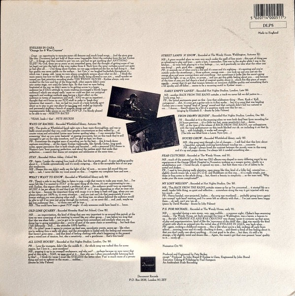 Image of Back Cover of LP - VG+/G+ - EYELESS IN GAZA, Orange Ice & Wax Crayons (Document; DLP5, UK 1992, Hype Stickered Sleeve, With 7"), With 7", Wispy light marks,  - 2616258C
