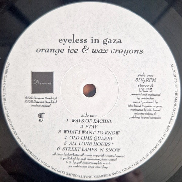Image of Label Cover of LP - VG+/G+ - EYELESS IN GAZA, Orange Ice & Wax Crayons (Document; DLP5, UK 1992, Hype Stickered Sleeve, With 7"), With 7", Wispy light marks,  - 2616258C
