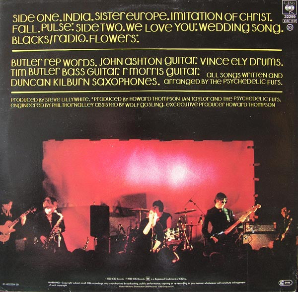 Image of Back Cover of LP - VG+/VG - THE PSYCHEDELIC FURS, The Psychedelic Furs (CBS Red Label "Made In Holland" Rim Text; CBS 32299, Europe 1980s Reissue, Pink Sleeve, "Nice Price" Company Inner), Strong VG,  - 2616224C