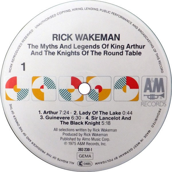 Image of Label Cover of LP - VG/VG - RICK WAKEMAN, The Myths And Legends Of King Arthur And The Knights Of The Round Table (A&M Records White Labels With Right Aligned Logo; 393 230-1, Germany 1986 Reissue, Company Inner), ,  - 2616259C