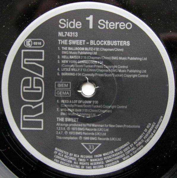 Image of Label Cover of LP - VG/VG - THE SWEET, Blockbusters (RCA; NL 74313, UK & Europe 1989), ,  - 2616260C
