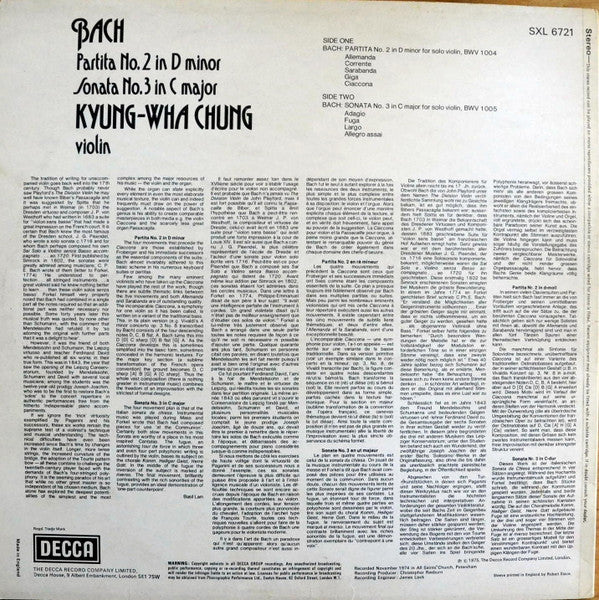 Image of Back Cover of LP - VG+/VG+ - KYUNG-WHA CHUNG, Bach: Partita No. 2 In D Minor / Sonata No. 3 In C Major (Decca Black Boxed Narrowband; SXL 6721, UK 1975, Laminated Front Sleeve), ,  - 2626106E