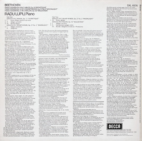 Image of Back Cover of LP - VG+/VG+ - RADU LUPU, Beethoven: Piano Sonata Op. 27 No. 2 "Moonlight" / Piano Sonata Op. 13 "Pathetique" / Piano Sonata Op. 53 "Waldstein" (Decca Black Boxed Narrowband; SXL 6576, UK 1973, Laminated Sleeve), ,  - 2626107E
